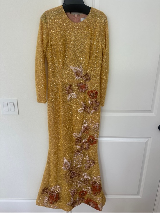 Helsi Dresses & Skirts - Gold Sequin Long Sleeve Floral-Embellished Evening Dress